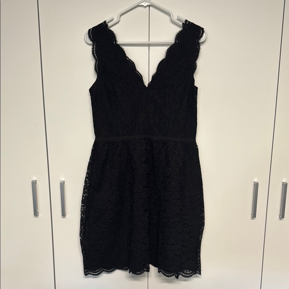 LOFT Black Fit and Flare V-Neck Lace Midi Dress